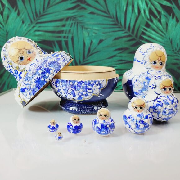 Russian Nesting dolls Blue white hand painted Matryoshka doll 9 piece